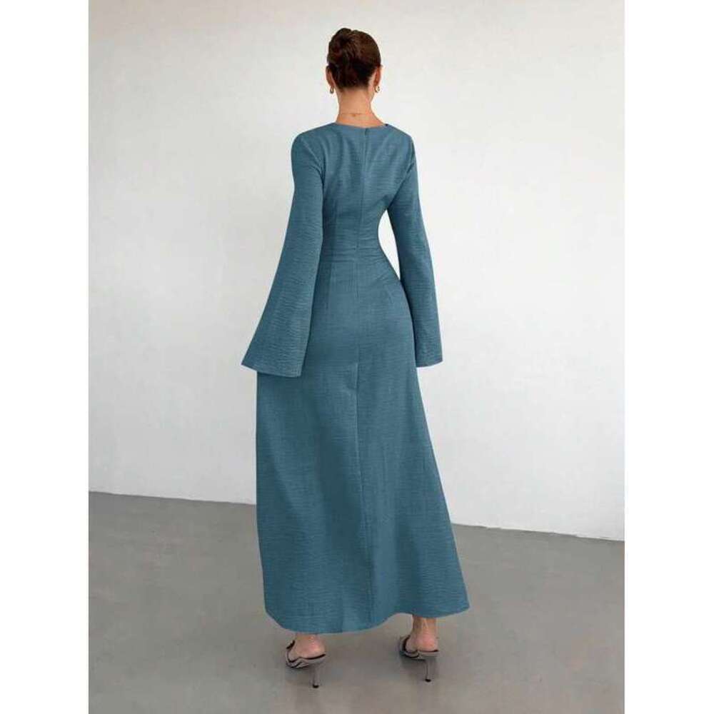 Siren Gaze Dusty Blue Twist Front Metal Buckle Flare Long Sleeve - Picture 2 of 6